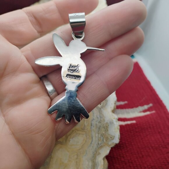 Southwest Hummingbird Pendant Pink Conch Shell Turquoise Sterling Silver 2.5" - Picture 4 of 6